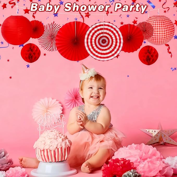 20 PCS Red Party Decorations Kit,Red and White Hanging Paper Lanterns,Round Paper Fans Honeycomb Balls for Birthday Wedding Graduation Picnic BBQ Baby Shower Pizza Party Lunar New Year Home Decor
