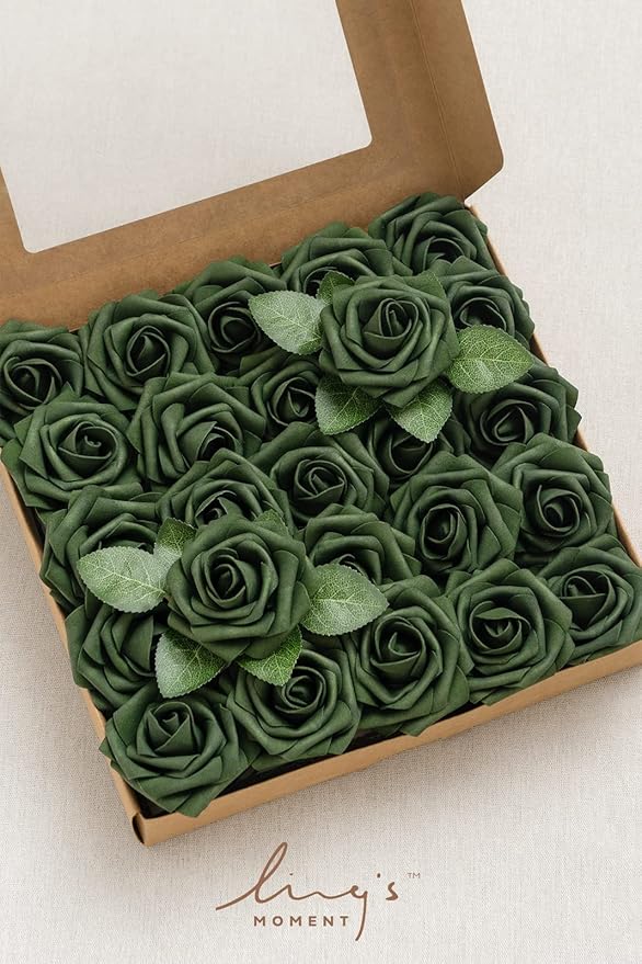 Ling's moment Artificial Flowers 25Pcs Emerald Green Roses Decor w/Stems,3" DIY Foam Floral for Wedding Bouquet/Centerpieces, Outdoors Party Backdrop, Room/Table, and Garden/Pot Decorations