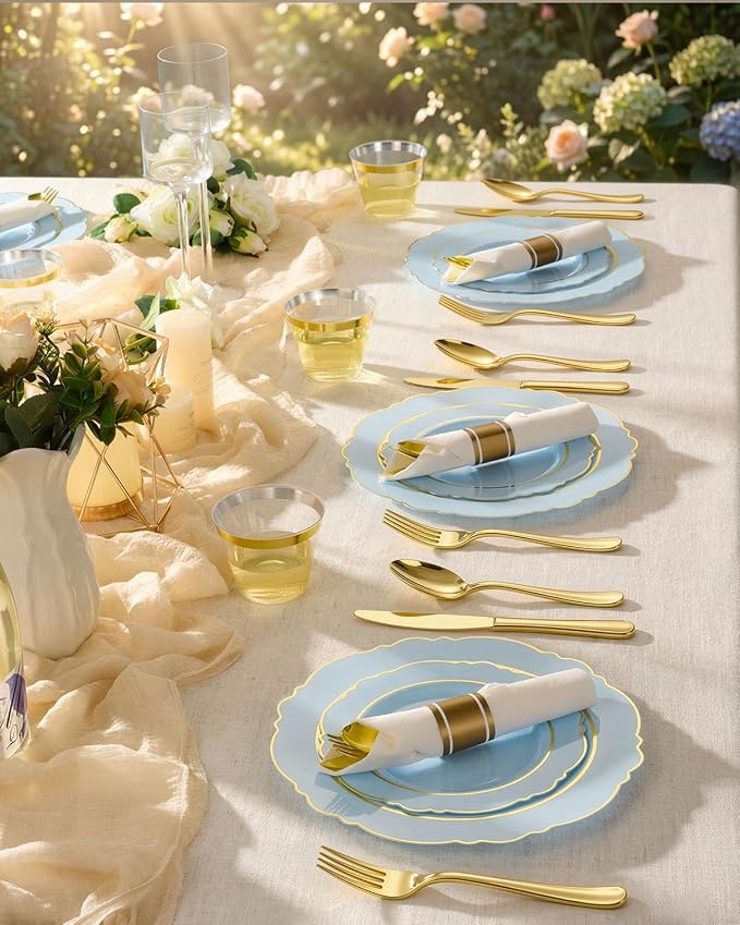 realluck 350 Piece Light Blue Plastic Dinnerware Set for 50 Guests Elegant Disposable Dinnerware for Weddings, Parties, 100 Plastic Plates, 50 Pre Rolled Napkins with Silverware, 50 Cups