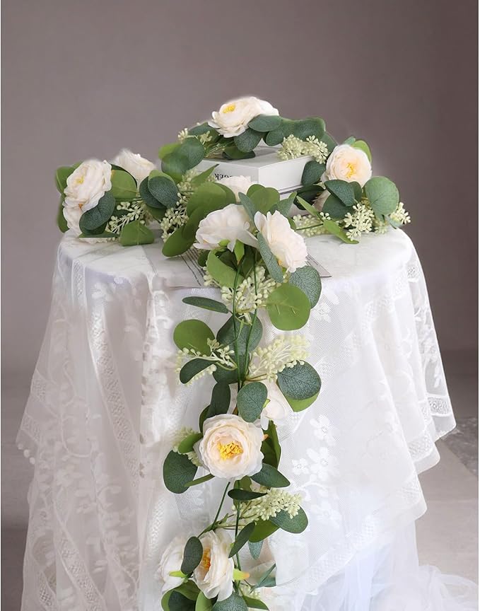 Zerzsy 13Ft Artificial Eucalyptus Garlands with Flowers, Artificial Champagne Rose Garland Vine Decor, Faux Floral Greenery Spring Garland Decorations for Table Home Wedding Mantle Party