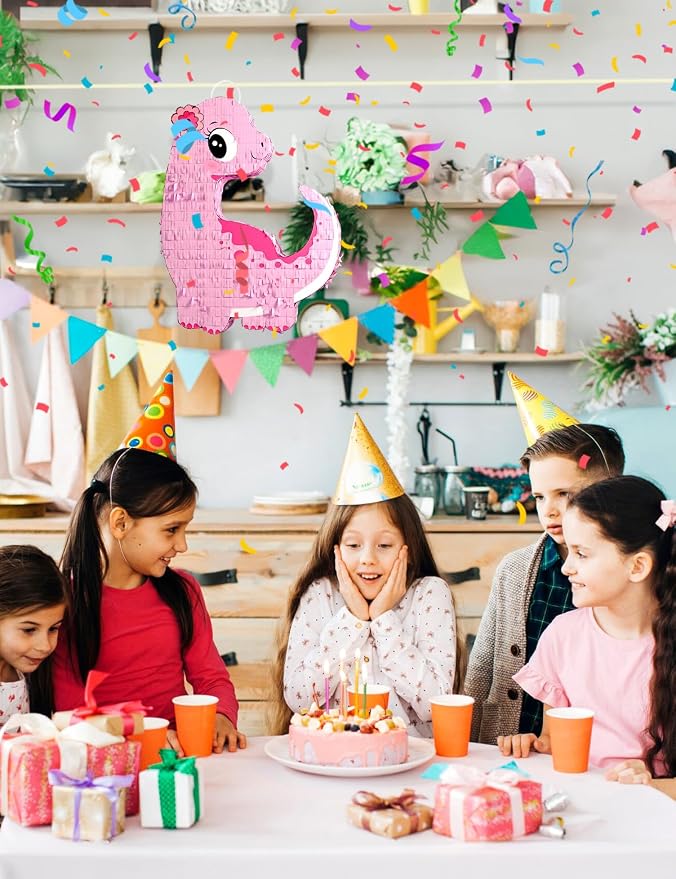 Pink Dinosaur Piñata Girls, Piñata de Dinosaurio para niñas with 12pcs Paper Glasses, Wood Stick, Confetti and Blindfold, Dino Piñata for Birthday Party Decorations(16"x12.6"x3.5")