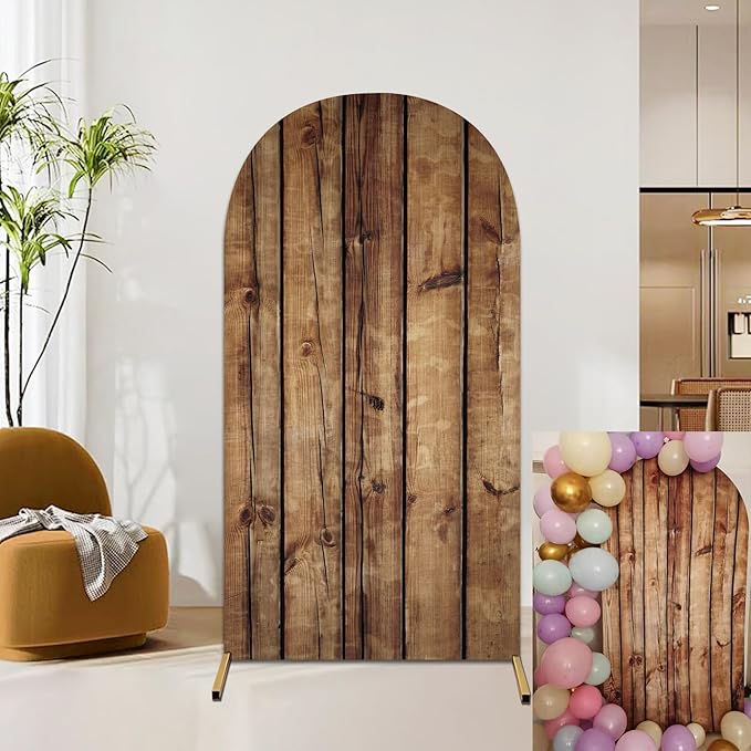 Rustic Wood Arch Cover 7.2FT Wood Vintage Texture Spandex Stretch Fabric Fitted Round Top Arch Stand,Chiara Backdrop Cover for Photography,Wedding,Birthday,Ceremonies,Banquets