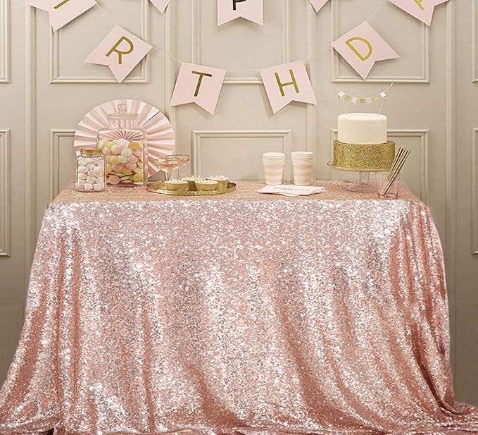 Juya Delight 90" x 132" Rose Gold Rectangular Sequin Tablecloth for Wedding Birthday Party Festival Ceremony Cake Dessert Table