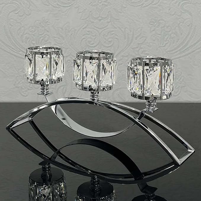 3 Arms Crystal Candle Holders, Arch Candlestick Table Candelabras Centerpieces for Wedding, Dinning Room, Cabinet Ornaments, Home Decoration, Gift (3-arm Arched, Silver)