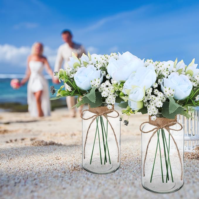 Zeyune 6 Sets Mason Jar Table Centerpiece with Artificial Peony Baby's Breath Flower Centerpieces Faux Flowers with Rope for Wedding Reception Engagement Bridal Shower Rustic Table Decor(Blue)