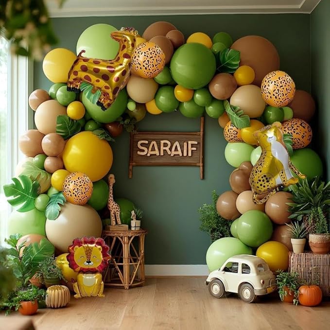 Sage Green Brown Balloons Double Stuffed Dusty Olive Green Mustard Yellow Balloon Arch Animal Print Balloons Palm Leaves for Baby Shower Birthday Safari Jungle Woodland Wild One Tropical Party Decor