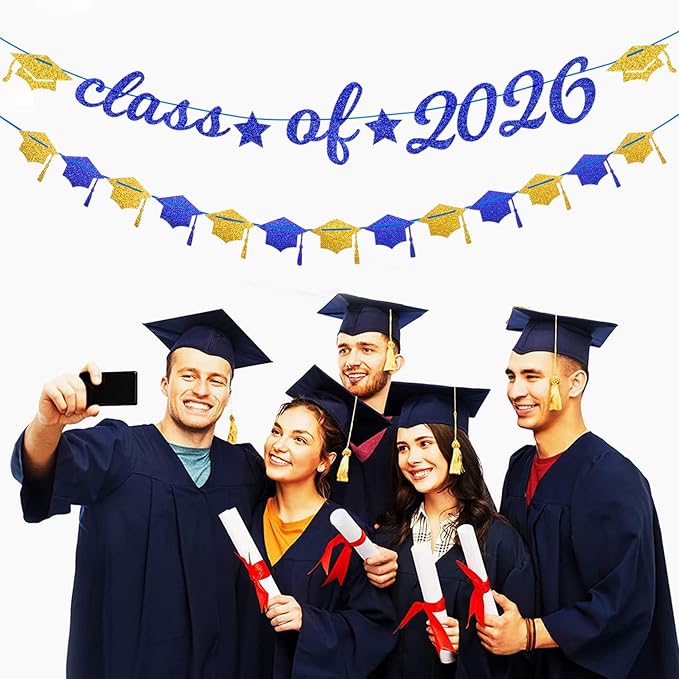 Navy-Blue White Gold Graduation Party-Decorations Garland - 31pcs Congrats Grad Class 2026 Banner,Hat Hanging Streamers,College High School Congratulations Masters Classroom Backdrop Decor Burgleda