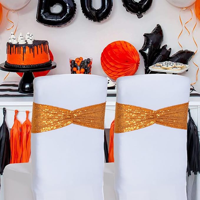 Poise3EHome Orange Sequin Chair Sashes,Folding Chair Cover Bands for Wedding Party Ceremony Banquet Decorations, 10 PCS