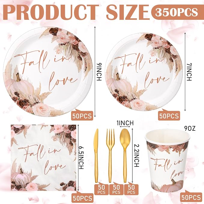 Shellwei 350 Pcs Fall in Love Bridal Shower Decorations Floral and Pumpkin Paper Plates and Napkins Set for 50 Guest Disposable Flower Paper Cups Knifes Forks Spoons for Fall Wedding Party