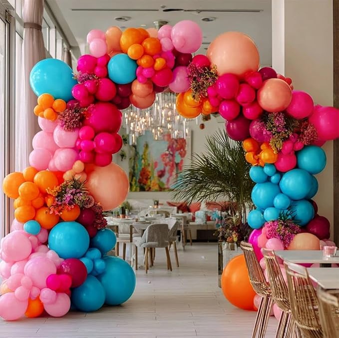Hot Pink Blue Orange Balloon Garland - Double Stuffed Teal Orange Pastel Pink Peach Latex Metallic Burgundy Balloon Arch Kit for Colorful Baby Shower Wedding Gathering Birthday Party Decoration