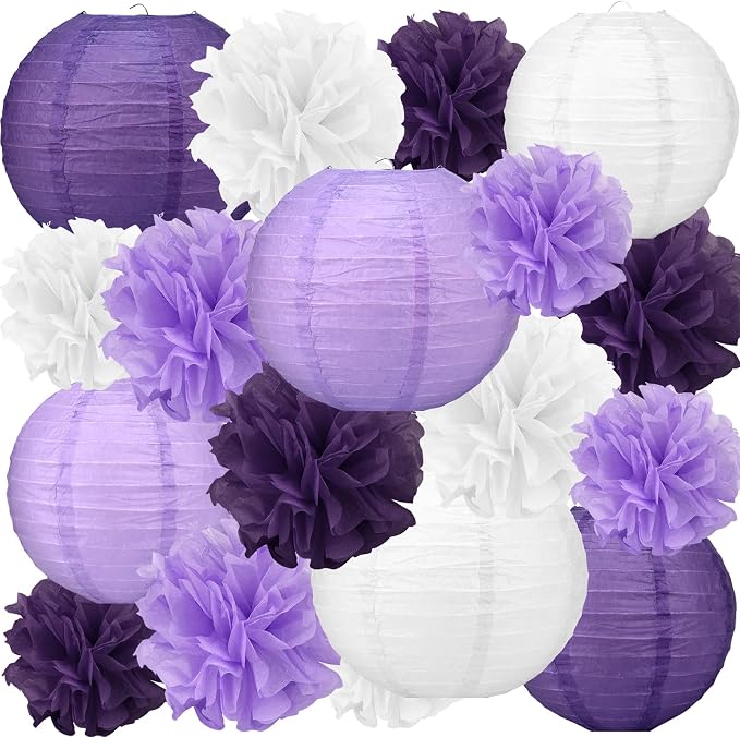 18pcs Purple Paper Lanterns Decoration Purple White Lavender Hanging Décor Pom Poms Paper Flower Party Supply for Baby Shower Wedding Valentine Birthday Party