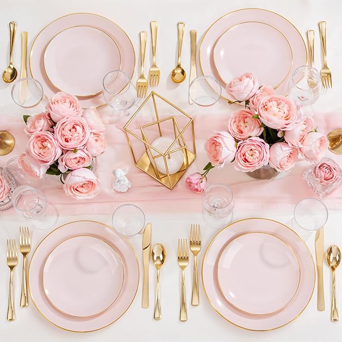 Nervure 100PCS Pink and Gold Plastic Plates - 10.25 inch Pink Disposable Plates with Gold Rim - Party Plate - Dinner Plate Ideal for Wedding & Party & Mothers Day