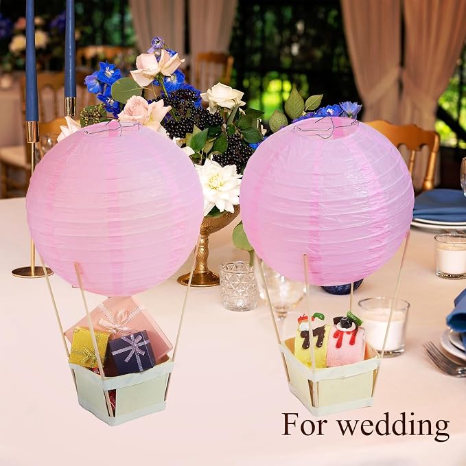 Namalu 24 Set Hot Air Balloon Table Centerpieces Baby Shower Party Decoration Paper Lanterns with Wooden Basket Sticks for Summer Birthday School DIY Craft(Light Pink)