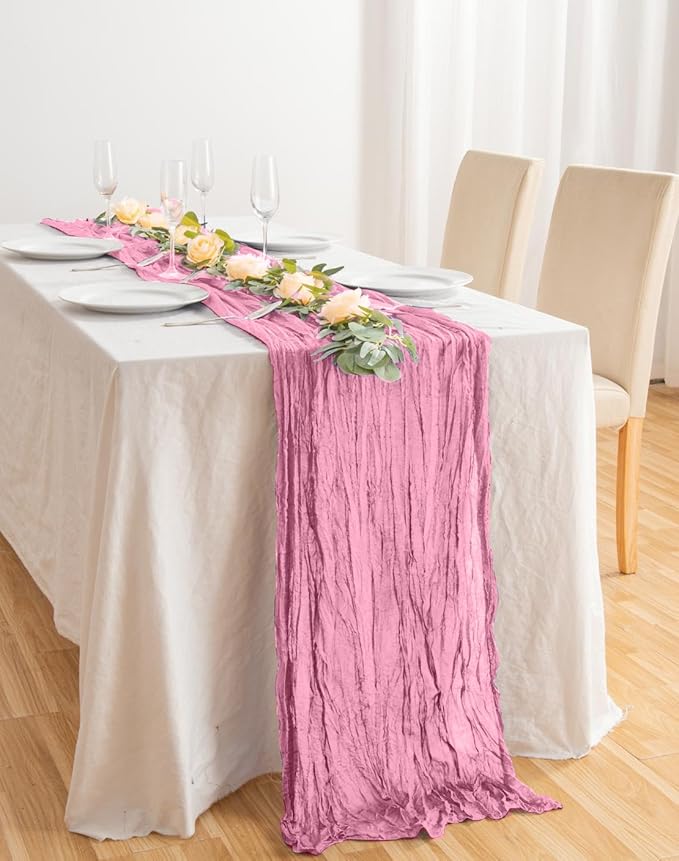12 Pack Pink 10 Ft Cheesecloth Table Runner 20x120 Inch Boho Wrinkled Sheer Romantic Gauze Decor for Wedding, Bridal Shower, Birthday Party
