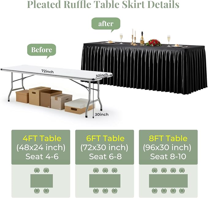 2 Packs Black Satin Tablecloths Rectangle 6FT, Glitter Fitted Stretch Table Covers Wrinkle-Free Floor Length Shimmer Table Skirt for Weddings Parties Baby Shower Banquets Vendor Events