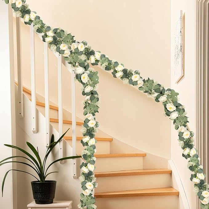 2 Packs Eucalyptus Garland with Flowers, 6.56ft Artificial Flower Greenery Garlands Natural Looking, Floral Garland Rose Vines for Party Wedding Table Backdrop Wall Decor