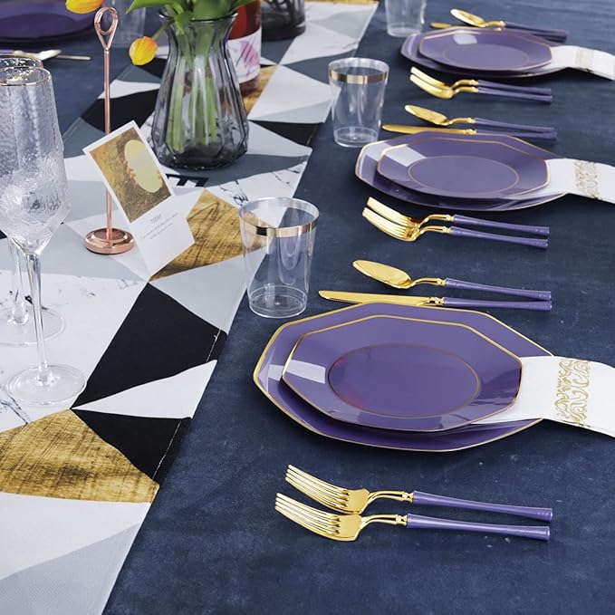 KIRE 140Pcs Purple Plastic Plates with Gold Rim& Gold Disposable Plastic Silverware with Handle&Clear Cups&Hand Napkin- Geometric Purple Plastic Plates for Parties/Wedding
