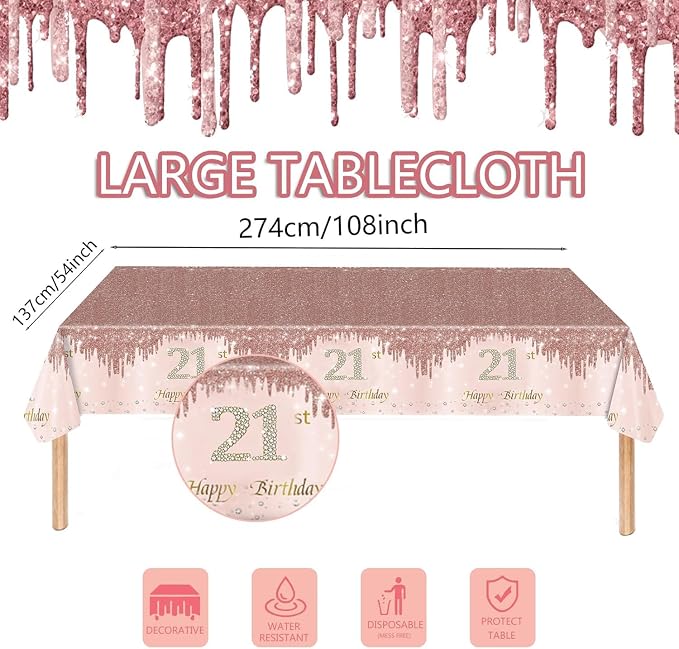 121Pcs 21st Birthday Party Supplies Plates Napkins Cups Forks Tablecloth Rose Gold Happy 21st Birthday Themed Disposable Tableware Decorations Serves 24 Guests for Women Her 21 Years