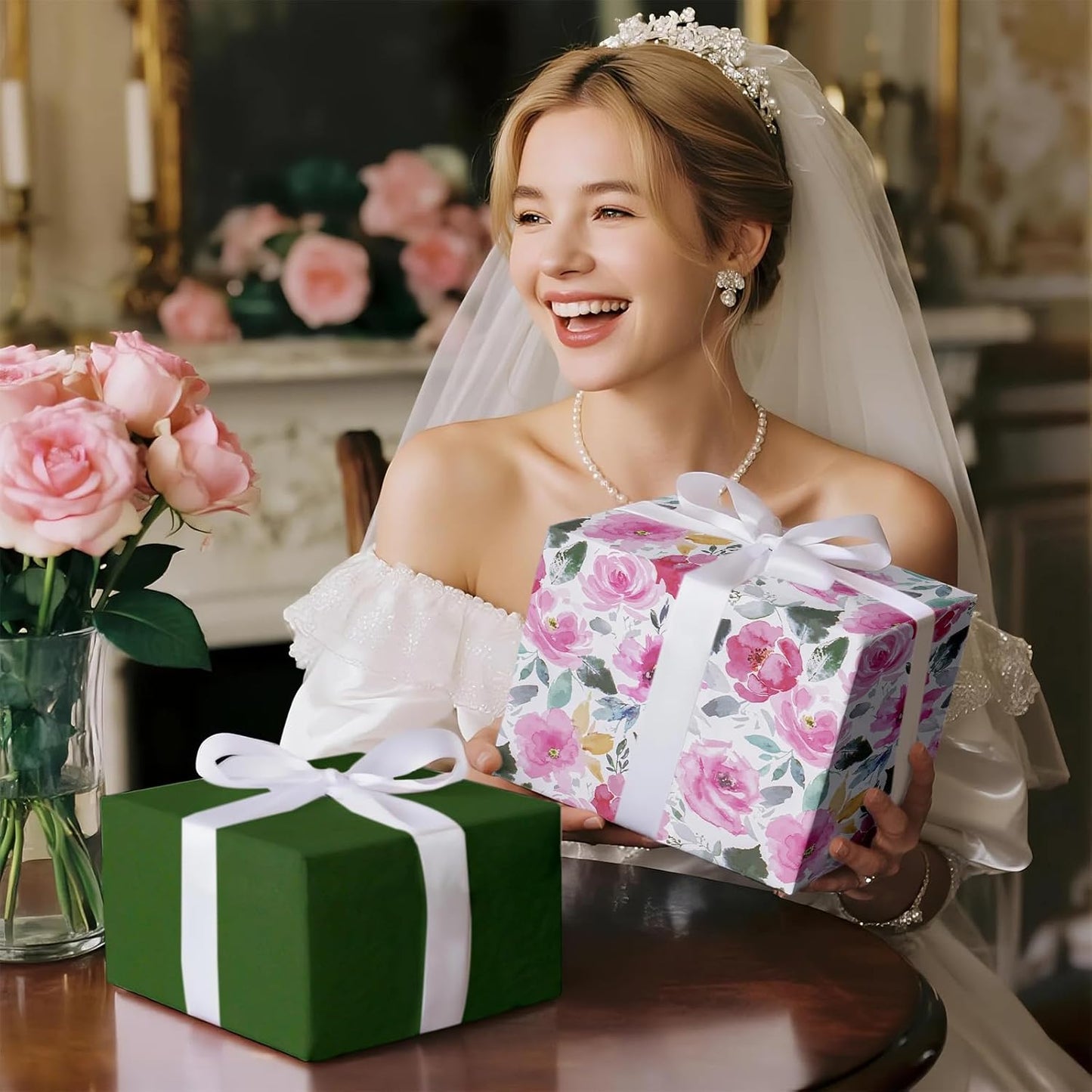 RUSPEPA Reversible Floral Wrapping Paper for Women, Mini Roll, Vintage Pink Rose with Deep Green Solid, Elegant Gift Wrap for Birthday, Wedding, Mother's Day, Bridal Shower, 17 Inches x 16.4 Feet