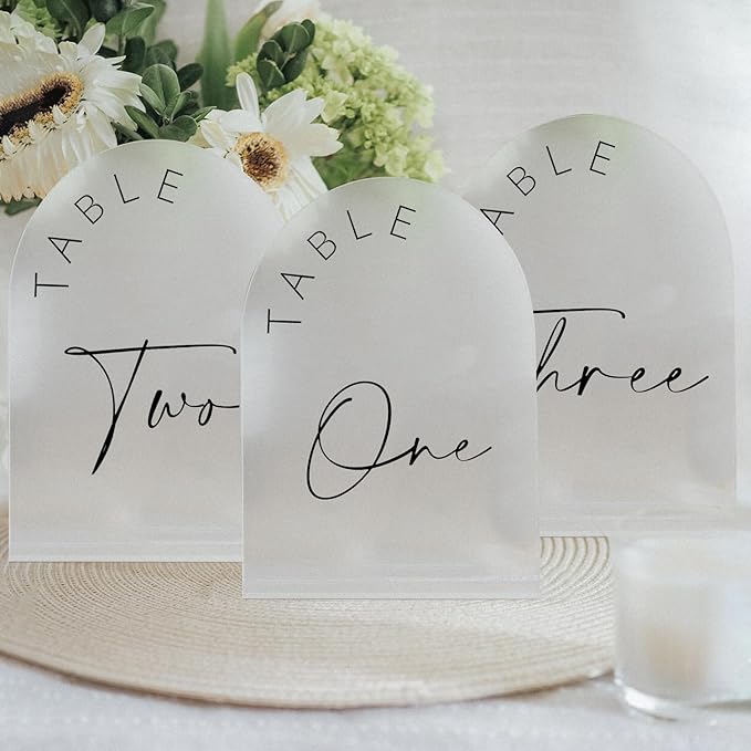 JINMURY Frosted Arch Wedding Table Numbers 1-10 with Stands, 5x7 Inch Frosted Arch Acrylic Sign with Black Letters, Arched Acrylic Table Numbers for Wedding Reception