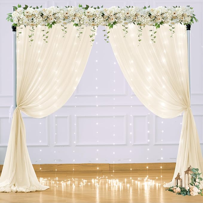 20ft x 10ft Ivory Chiffon Backdrop Curtain with Lights String for Parties,4 Panels Sheer Tulle Curtain Wedding Backdrop for Baby Shower Birthday Party Ceremony Reception Home Decorations