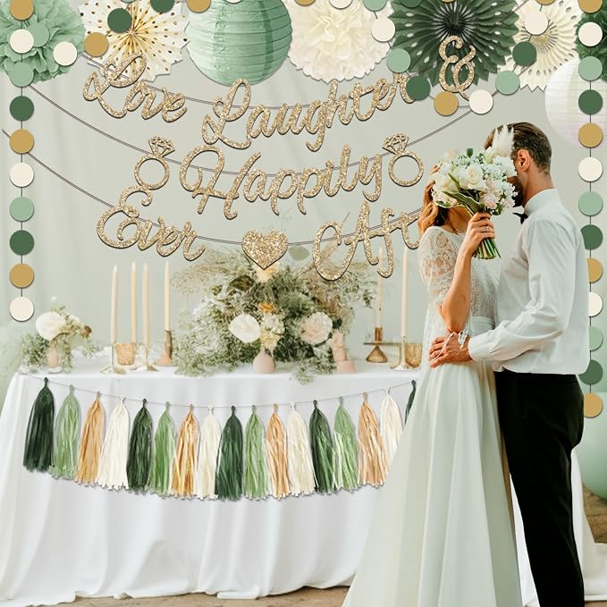 Bridal Shower Decorations,Sage Green Bridal Shower Decorations Includes Love Laughter Happily Ever After Decorations Paper Flower Ball Wedding Decorations for Home Party Bachelorette Party Decorations