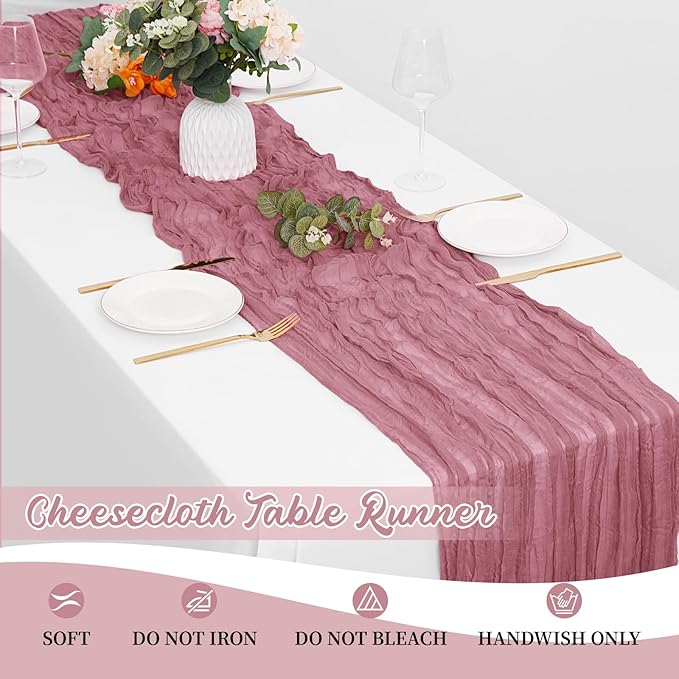16 Pack Dusty Rose Cheesecloth Table Runners 20x120 Inch Gauze Table Runner 10FT Easter Cheese Cloth Table Runner Rustic Sheer Runner for Wedding Baby Shower Birthday Party Table Decor