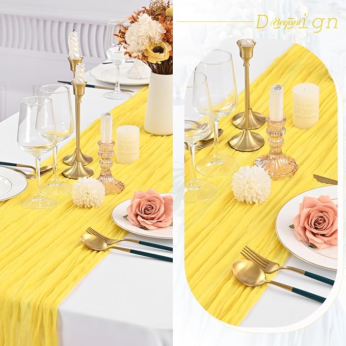Showgeous 10 Pack Yellow Cheesecloth Table Runner, 10FT Long Semi-Sheer Boho or Rustic Gauze Table Runner Wedding Table Decor for Wedding Arch Draping Bridal Shower Holiday Party
