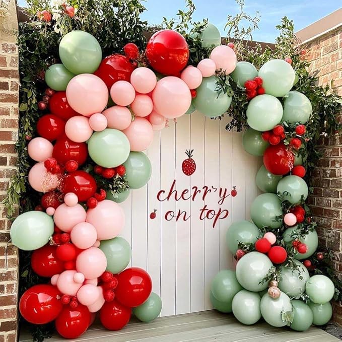 Red Pink Green Balloon Arch Double Stuffed Dusty Green, Ruby Red, Pastel Pink Balloon Garland Kit for Cherry on Top Birthday Mothers Day Baby Shower Wedding Summer Party Decoration