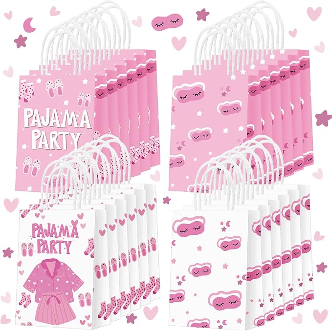 Outus 24 Pcs Sleepover Party Paper Bags Pink Slumber Glamper Pajama Favor Bags with Handle for Birthday Sleepover Breast Cancer Awareness Party Favors