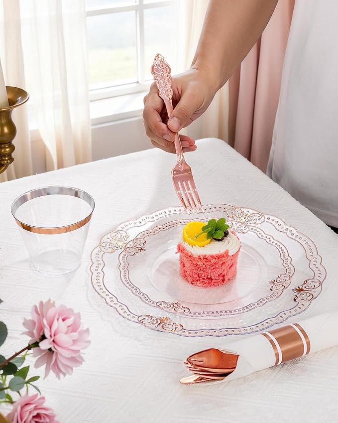 Ciaell 350 PCS Rose Gold Plastic Plates - Rose Gold Disposable Plates Dinnerware Include 50 Disposable Plate, 50 Heavy Duty Silverware, 50 Cups, 50 Napkins for Wedding & Anniversary & Mother's Day