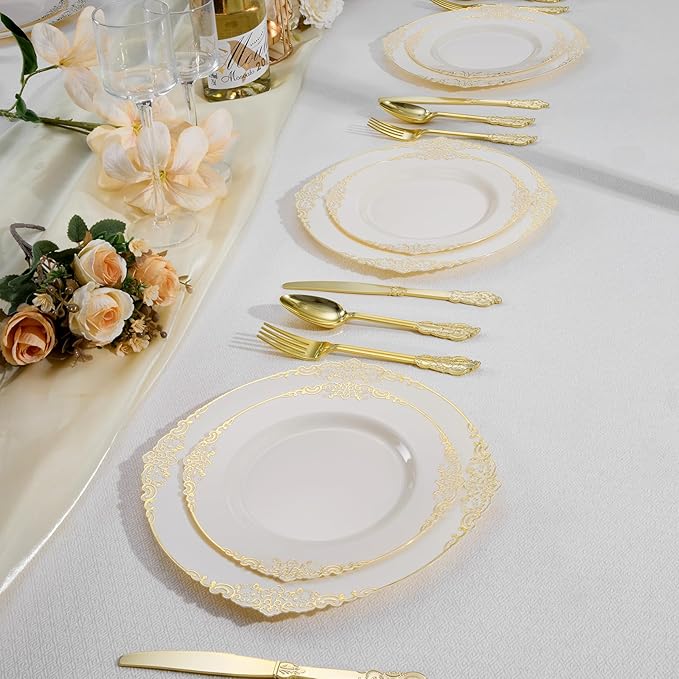 Bestluck 100 PCS Ivory and Gold Plastic Plates for 50 Guests, Gold Disposable Plates Include 50 PCS Dinner Plates, 50 PCS Dessert Plates for Party, Wedding and Graduation (100, Ivory White)