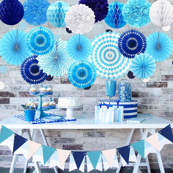 23Pcs Blue Birthday Party Decorations for Boys Men Navy Royal Light Blue Honeycomb Ball, Hanging Paper Fans, Pom Poms, Baby Shower Decorations Boy, Party Supplies 16th 18th 21th 30th 40th 50th