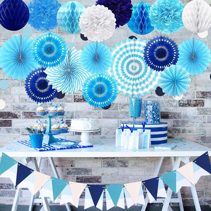 23Pcs Blue Birthday Party Decorations for Boys Men Navy Royal Light Blue | Honeycomb Ball Hanging Paper Fans Pom Poms Baby Shower Reveal Graduation Bridal Shower Decorations Party Supplies