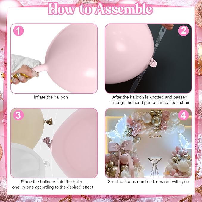 Dusty Pink Balloon Garland Arch Kit, Double Stuffed Pearl Pink White and Gold Balloon Large Clear Balloons for Girls Baby Shower Bridal Shower Wedding Birthday Party Decorations