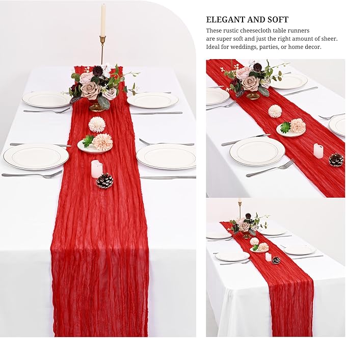 24 Pack Red Cheesecloth Table Runner 120 inch Fall Thanksgiving Boho Rustic Gauze Farmhouse 10FT Cheese Cloth Runner for Baby Shower Wedding Party Holiday Home Decor