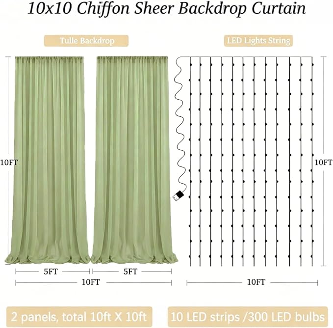 10ft x 10ft Sage Green Chiffon Backdrop Curtain with Lights String for Parties,2 Panels Sheer Tulle Curtain Wedding Backdrop for Baby Shower Birthday Party Ceremony Reception Home Decorations