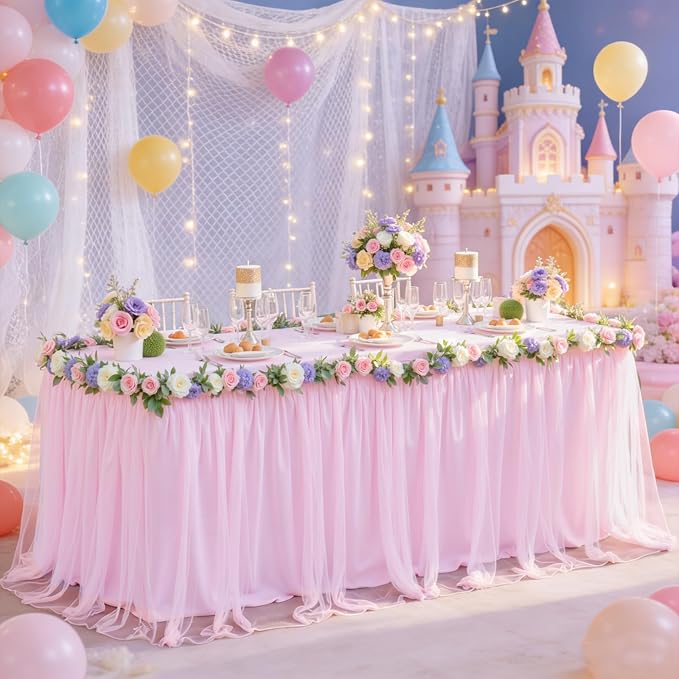 Baby Pink Table Cloth Spandex Table Covers 8ft Fitted Tulle Tablecloth Rectangular Desk Skirt Stretch Light Pink Table Cloths Covers Party Banquet Birthday Baby Shower Wedding Table Cloth, 2 Pack