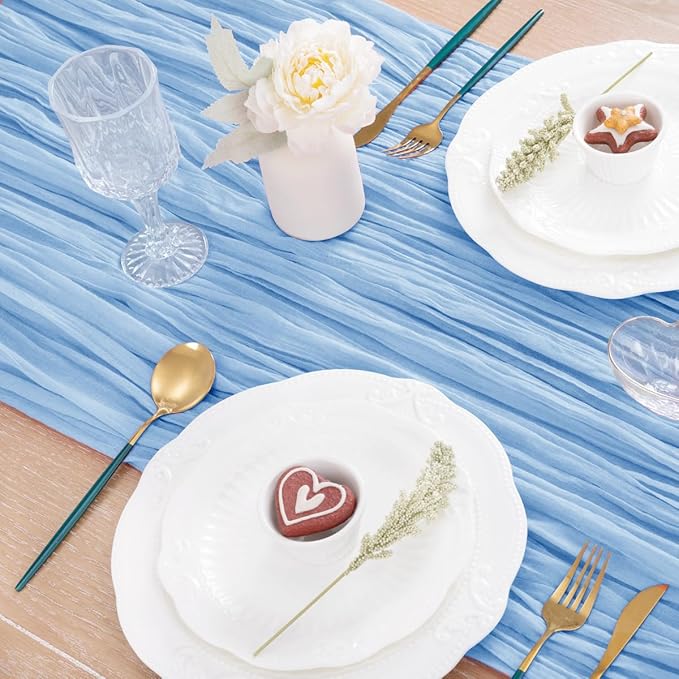 MLMC Light Blue Table Runner Baby Blue Cheesecloth Table Runner 10ft Baby Shower Decorations Rustic Gauze Cheese Cloth Centerpiece 35x120 Inches for Gender Reveal Birthday Party Wedding Decor