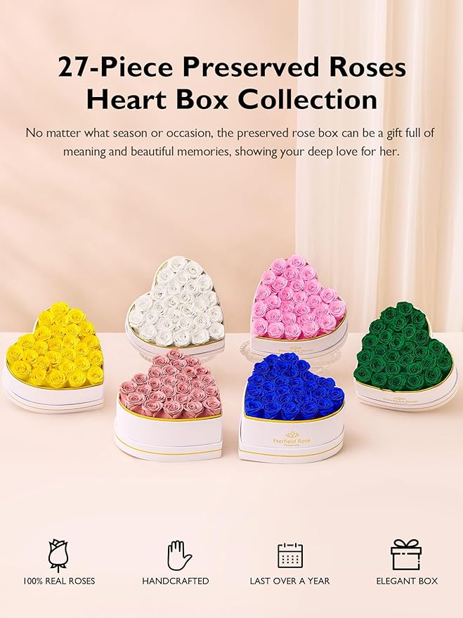 Eterfield 27 Forever Flowers in Heart Shape Box, Preserved Roses That Last a Year Preserved Flowers Birthday Gifts for Her Mom Women Wife Anniversary Valentines Day Mothers Day Christmas, Royal Blue