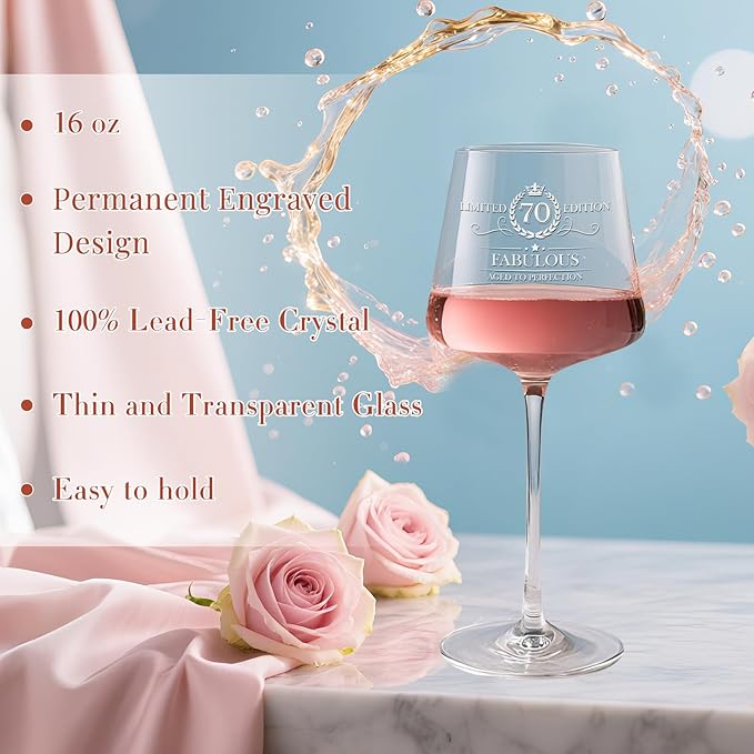 70TH Birthday Gifts for Women,Vintage Engraved 70th Wine Glass,70 Year Old Birthday Decorations For Her,70&Fabulous Sash and Tiara For Women,Friends,Sister-Turning 70th Party Favor Supplies