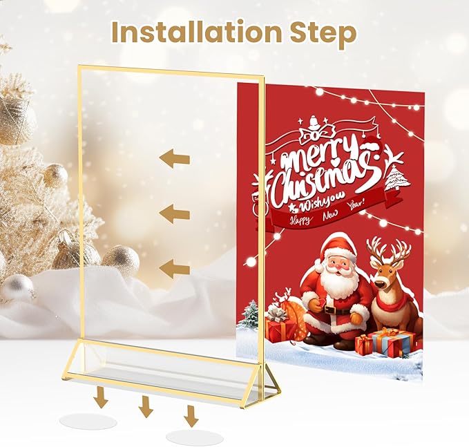 Gold Frames 5X7 Acrylic Sign Holder Double-Sided Tabletop Picture Frames for Menu, Wedding Table Number, Christmas Photos - 12 Pack With Removable Sticky Dots