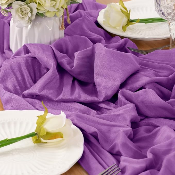 LINXTAR Purple Cheesecloth Table Runner 120 Inches 10Ft Gauze Summer Boho Table Runner for Wedding Tea Party Baby Shower Bridal Birthday Home Decoration