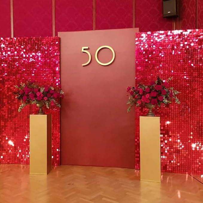 COKAOBE Red Shimmer Wall Backdrop, 24PCS Square Sequin Shimmer Backdrop Panel, Photo Backdrops for Birthday, Anniversary, Wedding, Graduation & Bachelorette Party Decoration