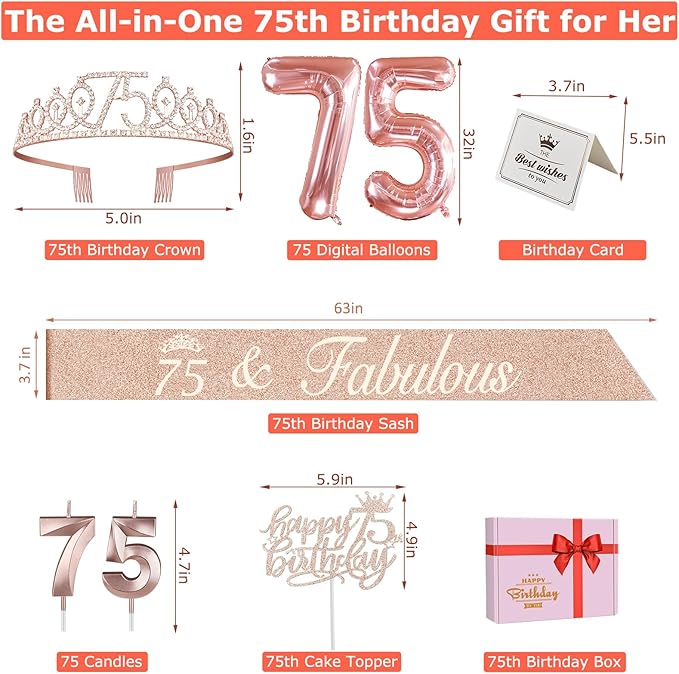 75th Birthday Decorations for Women, Including 75th Birthday Sash and Crown, Cake Topper and Candles, Number Balloons, Greeting Card, 75 Year Old Gifts for Women