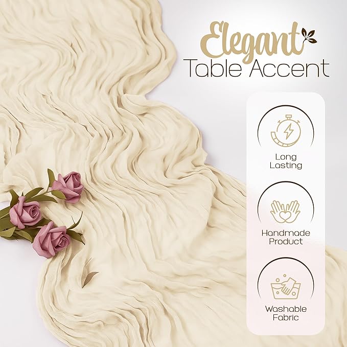12 Pack Beige Cheesecloth Table Runners 10FT Long – 35 x 120 Inch Boho Gauze Table Runners for Engagement, Wedding, Baby Shower & Home Decor – Soft Wrinkled Polyester Fabric