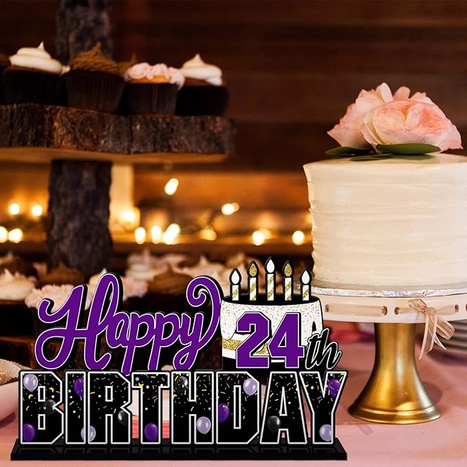 LINGTEER Happy 24th Birthday Purple Acrylic Table Topper Centerpieces Set - Cheers to 24 Years Old Birthday 24th Bday Party Gift Decorations.
