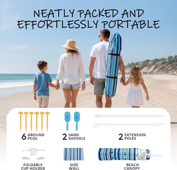 Sekey Beach Cabana - 8x8 FT Easy Setup Beach Shade Canopy UPF 50+ Sun Shelter with Sandbag & Side Wall, Large Portable Outdoor Tent for Family, Light Blue Stripe