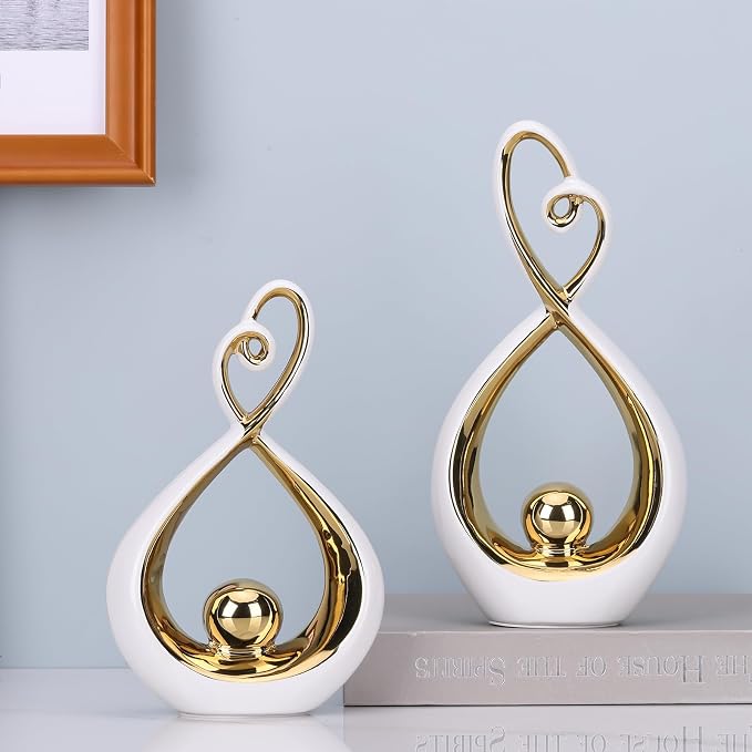 White Decor Accent, Porcelain Art Mid Century Modern White and Gold Decorations, Dining Table Objects, Abstract Ceramic Statue Sculpture - for Bookshelf Tv Stand Centerpiece Centro De Mesa
