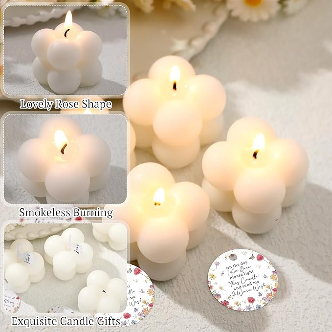 MTLEE 24 Sets Wildflower Baby Shower Favors Small Bubble Candles Baby Shower Favors for Guests Tea Candles Bulk with Stylish Ribbons Cards Gifts Party Decoration(White,Wildflower)